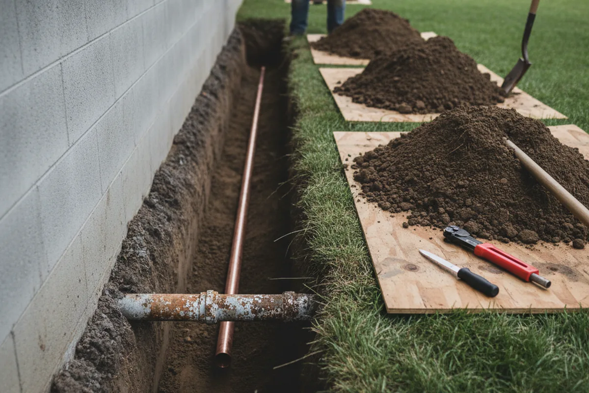 Excavated water line trench during Water Heater Repair in Memphis